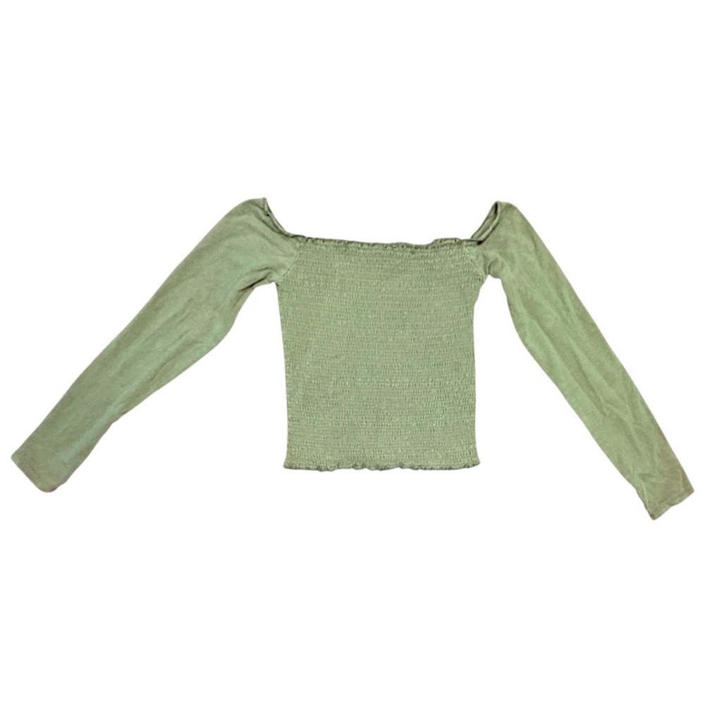 Hollister Green Long Sleeve Off the Shoulder Smocked Crop Top Size Medium